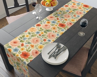 Chemin de table roses aquarelle | Décoration florale pour salle à manger Cottagecore