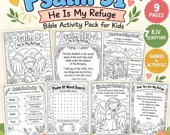 Psalm 91 Activity Pack for Kids | He Is My Refuge Bible Worksheets | KJV Coloring Pages, Word Search & Prayer Printable PDF