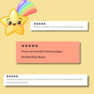 K&ouml;nnte beinhalten: Das Bild zeigt einen l&auml;chelnden Cartoon-Stern mit Regenbogen-Schweif. Kundenbewertungen werden in rechteckigen K&auml;sten angezeigt, mit Texten wie "Such a cute item!" und "These are beautiful coloring pages."