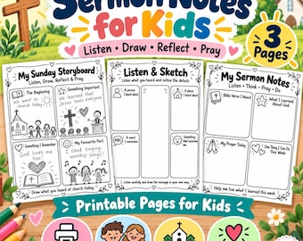 Sermon Notes for Kids Printable | Kids Sermon Notes Worksheets | 3 Page Sunday School Church Activity | Christian PDF Kids Sermon Note Pages