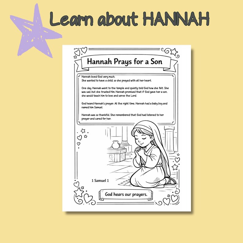 Yellow educational slide highlighting the Hannah Prays for a Son story page from the Bible Mothers printable series.