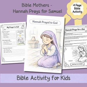 Purple background mockup showing the Hannah Prays for Samuel printable set, including story page, coloring page, prayer worksheet, and poem page.