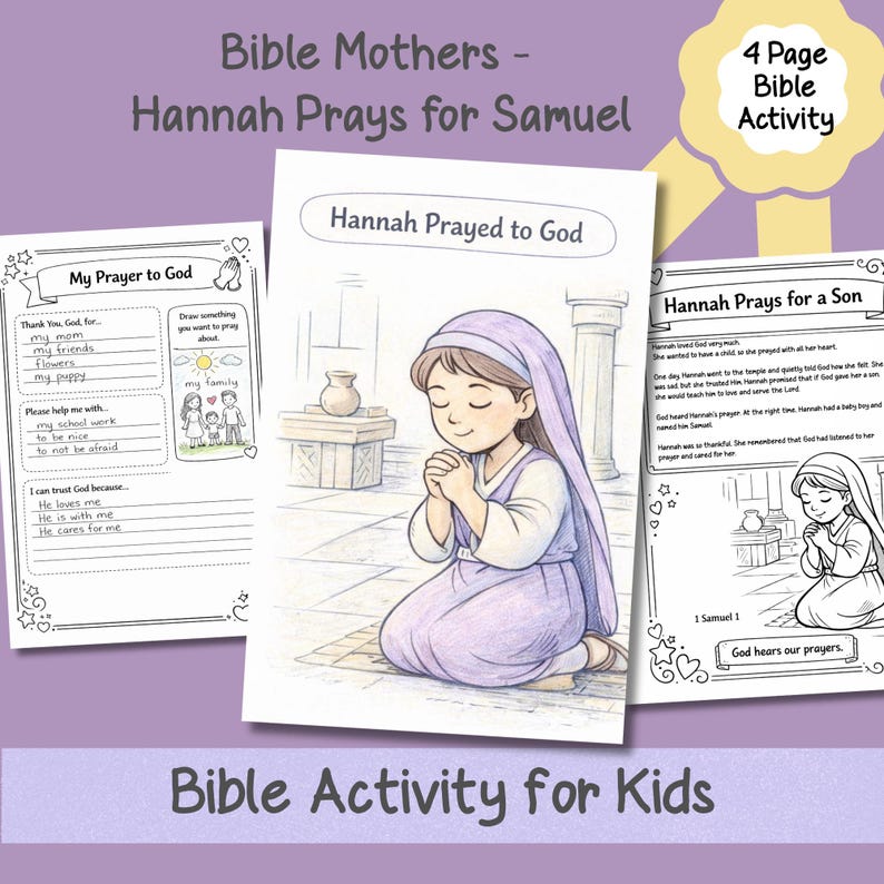 Purple background mockup showing the Hannah Prays for Samuel printable set, including story page, coloring page, prayer worksheet, and poem page.