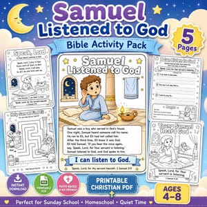 Puede incluir: Un colorido paquete de actividades bíblicas titulado "Samuel escuchó a Dios" con ilustraciones de Samuel y escenas relacionadas. Incluye páginas PDF imprimibles con actividades para niños de 4 a 8 años. Presenta el texto "Puedo escuchar a Dios."
