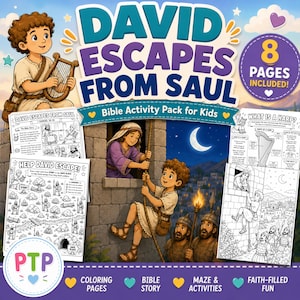 May include: A Bible activity pack for kids titled David Escapes From Saul, featuring 8 pages of colouring sheets, a story, and a maze. The cover displays a cartoon illustration of David with a harp and escaping from a window at night.