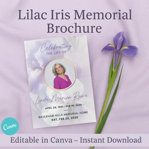 Lilac Iris Memorial Brochure: Editable Funeral Program Canva Template (Digital Download)