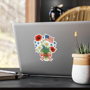 Sticker floral drapeau des Etats-Unis - Sticker bouquet de fleurs sauvages patriotique, Sticker pour ordinateur portable bleu blanc rouge, cadeau 4 juillet ou bonbonnière