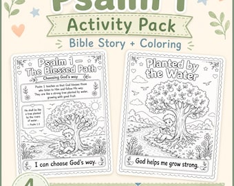 Paquete de actividades del Salmo 1 para niños: página para colorear con versículo bíblico, poema de las Escrituras, imprimible, hoja de trabajo cristiana de 4 páginas para niños, escuela dominical, educación en casa (PDF).
