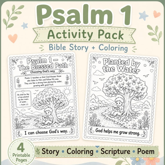 Psalm 1 Activity Pack Kids Bible Verse Coloring Page Scripture Poem Printable 4 Page Christian Kids Worksheet Sunday School Homeschool PDF