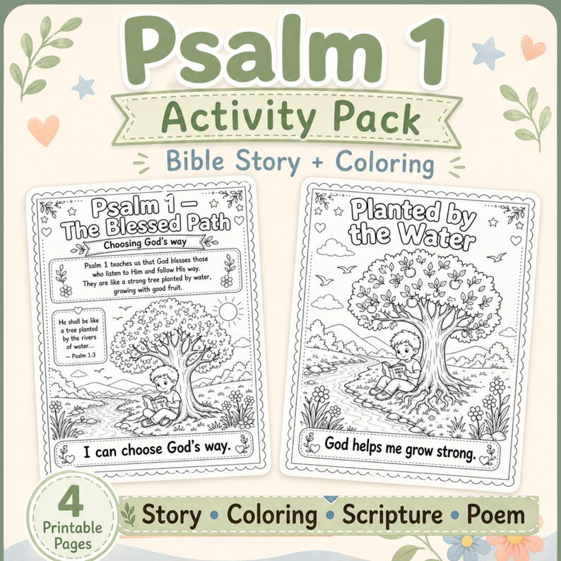 Psalm 1 Activity Pack thumbnail showing two Bible printable pages with tree by the water theme and 4 printable pages badge.
