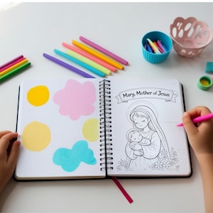 Mary Mother of Jesus coloring page featuring Mary holding baby Jesus
