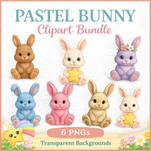 Cute Pastel Bunny Clip Art | 6 PNGs Transparent Background | Easter Spring Baby Shower Clipart