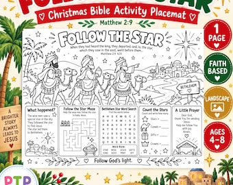 Follow the Star Christmas Bible Activity Placemat for Kids | Matthew 2:9 Nativity Wise Men Maze Word Search Printable