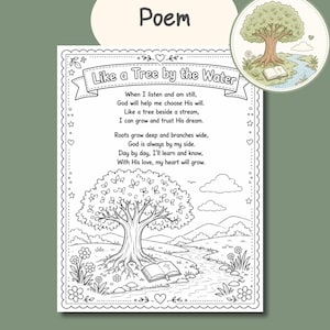 May include: Black and white illustration of a poem titled "Like a Tree by the Water." The poem is surrounded by decorative borders with hearts and stars. A tree, stream, and open book are depicted in the illustration. A smaller circular image of a tree and stream is in the upper right corner.
