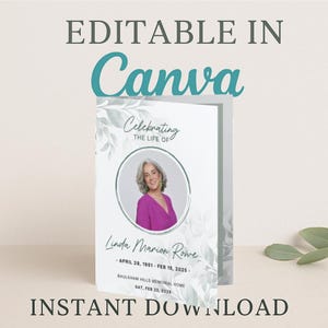 Soft Green Funeral Program Template – Editable Canva Obituary Brochure – Digital Bifold Memorial Pamphlet