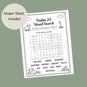 Psalm 23 word search answer sheet included Christian activity