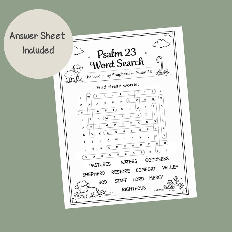 Psalm 23 word search answer sheet included Christian activity