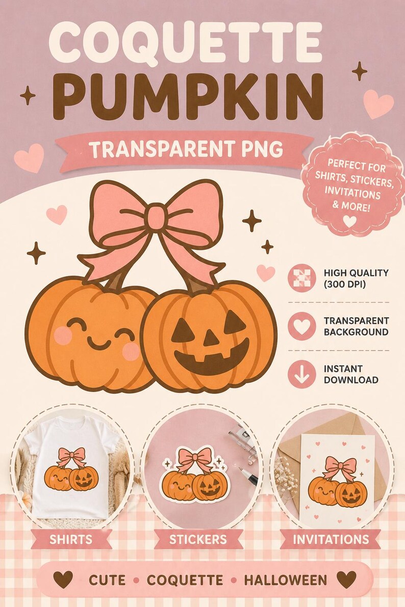Pastel pink Pinterest pin for “Coquette Pumpkin” transparent PNG clipart. Features two cute orange pumpkins, one smiling and one jack-o’-lantern, topped with a large pink bow and surrounded by small hearts and sparkles. Text highlights “Transparent PNG,” “Perfect for shirts, stickers, invitations & more,” “High Quality (300 DPI),”  and “Transparent Background". Three sample uses are shown at the bottom: a shirt, stickers, and an invitation, with a banner reading “Cute • Coquette • Halloween.”