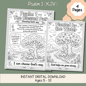 Psalm 1 Activity Pack bundle preview showing four printable pages including lesson, coloring, scripture, and poem