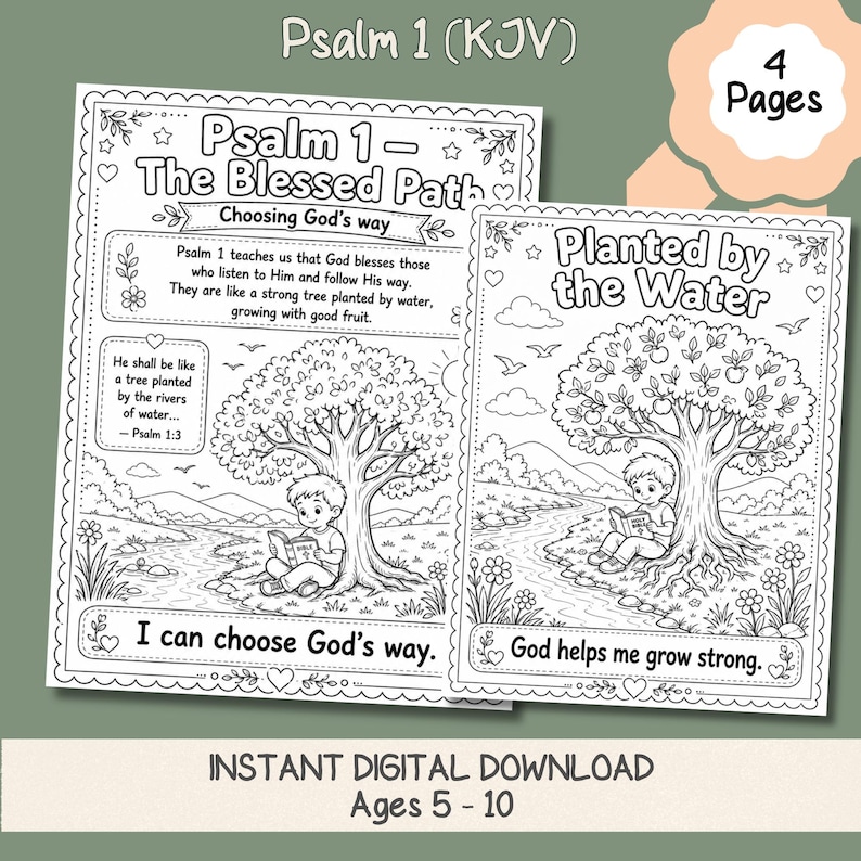 Psalm 1 Activity Pack bundle preview showing four printable pages including lesson, coloring, scripture, and poem