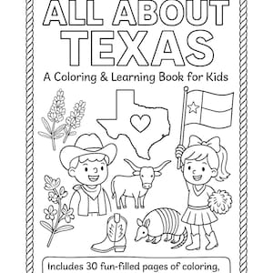 Könnte beinhalten: Schwarz-Weiß-Malbuch mit dem Titel "ALL ABOUT TEXAS" mit Illustrationen von Texas-Symbolen, darunter ein Cowboy, ein Longhorn und die Staatsflagge. Das Buch ist für Kinder konzipiert und enthält interessante Fakten und Malvorlagen.