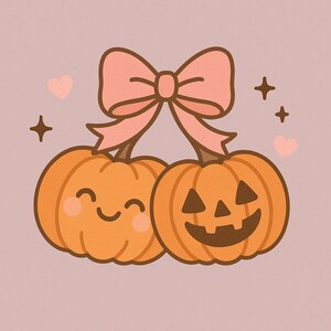 May include: Illustration of two orange pumpkins with smiling faces, connected by a pink bow. The pumpkins have carved faces and are decorated with hearts and stars on a pink background. A cute and festive design.