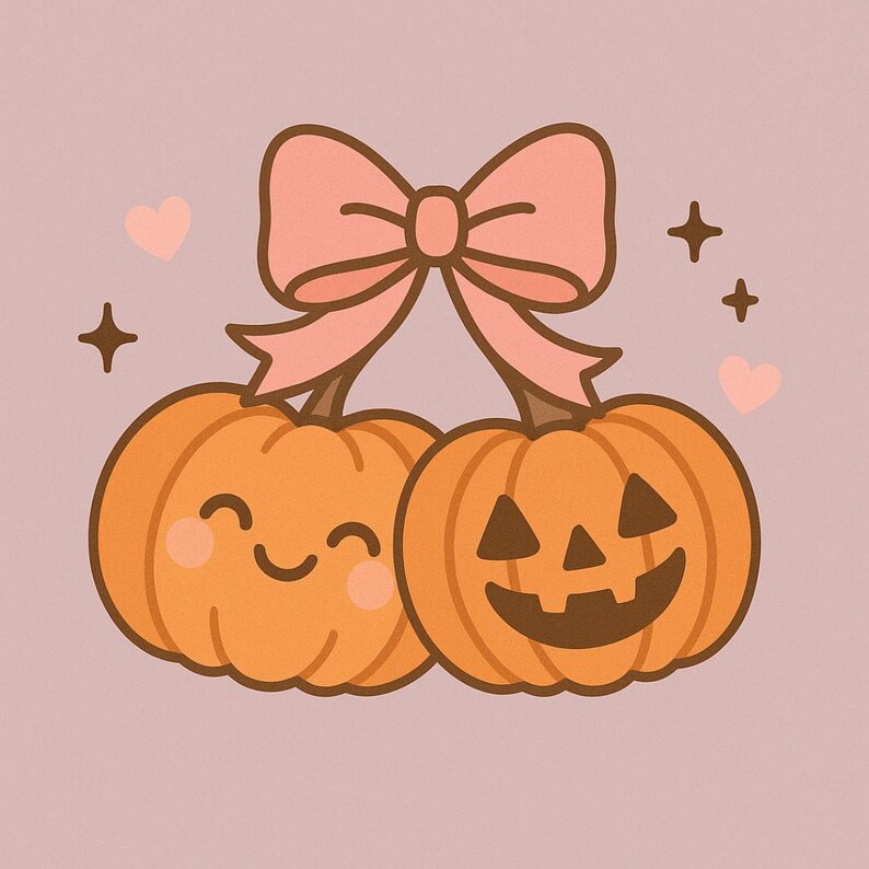 May include: Illustration of two orange pumpkins with smiling faces, connected by a pink bow. The pumpkins have carved faces and are decorated with hearts and stars on a pink background. A cute and festive design.