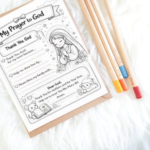 Prayer worksheet for children with Mary illustration and writing prompts