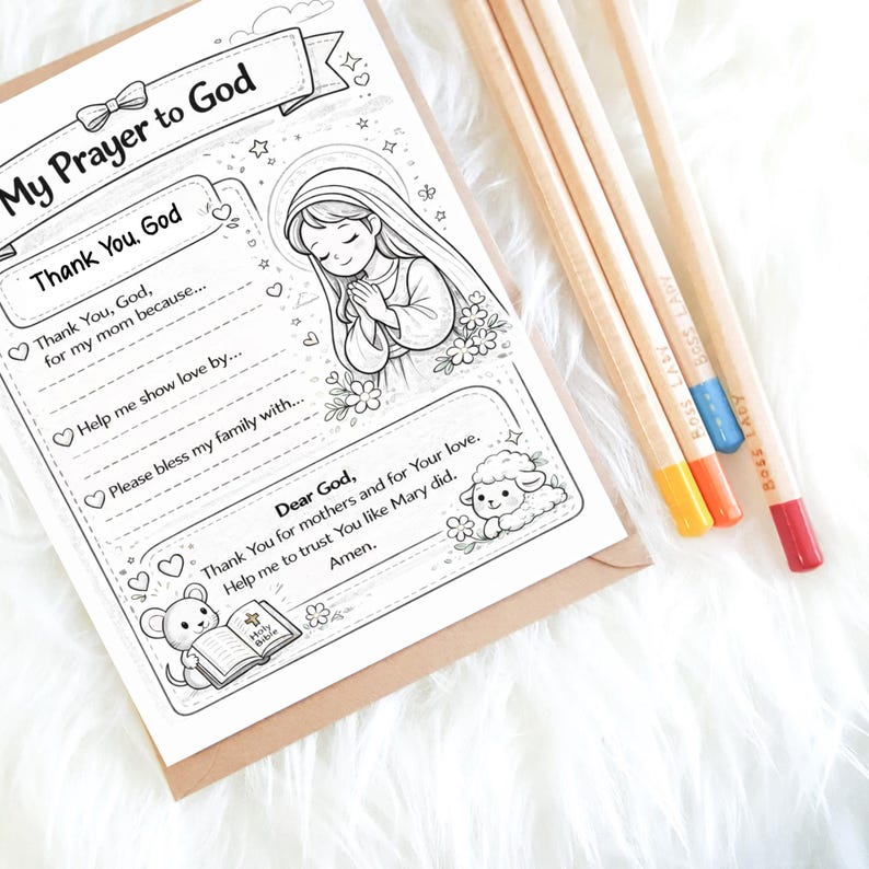 Prayer worksheet for children with Mary illustration and writing prompts