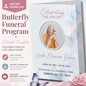 Butterfly Funeral Program Template | Elegant Celebration of Life Brochure | Editable Canva Memorial Program