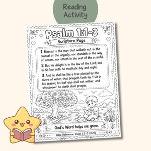 May include: Black and white coloring page with text from Psalm 1:1-3, a tree, and a child reading. The text "God's Word helps me grow" is at the bottom. A yellow star with a book is in the corner. The words "Reading Activity" are at the top.