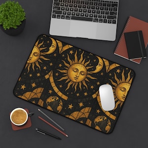 Celestial Sun & Moon Desk Mat - Gold Stained Glass Style Mouse Pad, Mystical Office Decor, Spiritual Gift for Astrology or Tarot Lovers