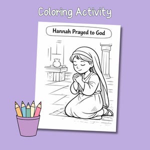 Purple slide featuring the Hannah Prayed to God coloring page with a pencil cup icon and coloring activity text.