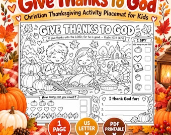 Christian Thanksgiving Activity Placemat for Kids | Give Thanks to God Psalm 107:1 | I Spy Counting Gratitude Printable