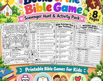 Bible Scavenger Hunt for Kids Books of the Bible Game & Trivia Pack Old and New Testament Kids Bible Word Search Sunday School Printable