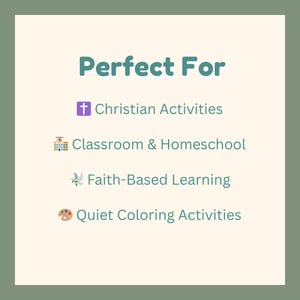 May include: A square graphic with the text "Perfect For" in teal. Below, it lists "Christian Activities," "Classroom & Homeschool," "Faith-Based Learning," and "Quiet Coloring Activities" in white text with icons.