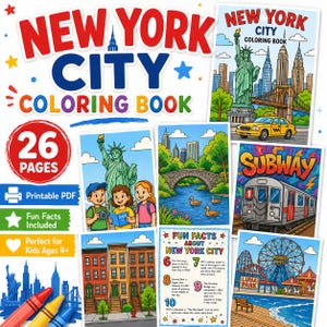 以下が含まれることがあります： ニューヨーク市をテーマにした26ページの塗り絵ブック。自由の女神、イエローキャブ、地下鉄、橋、観覧車などのイラストが掲載されています。表紙には赤と青の大きな文字でタイトルが記され、楽しい豆知識も含まれています。