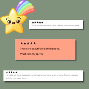 May include: A cartoon star with a rainbow and text that reads, "Such a cute item! I can't wait to have these at our party." Another text box says, "These are beautiful coloring pages. Verified Etsy Buyer."