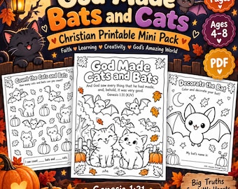 Christian Fall Activity Pack for Kids God Made Bats and Cats Bible Coloring Counting Printable Sunday School Genesis 1:31