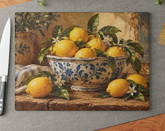 Lemons in Blue Bowl Glass Cutting Board | Citrus Still Life Kitchen Decor