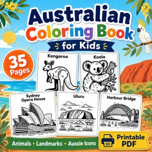 Australian Coloring Book for Kids | 35 Pages of Animals, Landmarks & Aussie Icons | Educational Preschool Homeschool Printable Activity PDF