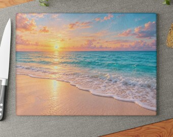 Ocean Cutting Board Beach Cutting Board Sunset Glass Chopping Board Coastal Kitchen Decor Seaside Beach Waves Ocean Coastal Kitchen Board