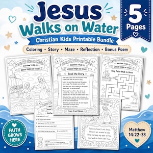 May include: A 5-page Christian kids printable bundle titled Jesus Walks on Water, featuring black and white activity sheets including a story, colouring page, maze, reflection questions, and a poem, all decorated with blue and white graphic elements.