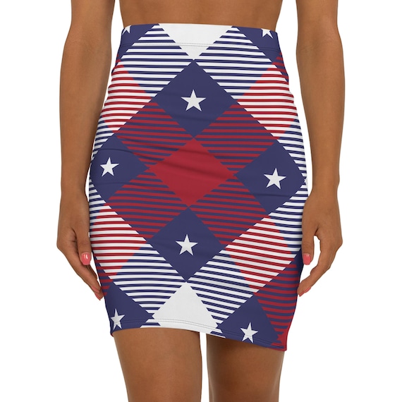 Patriotic Plaid Pencil Skirt Red White Blue Bodycon Skirt for