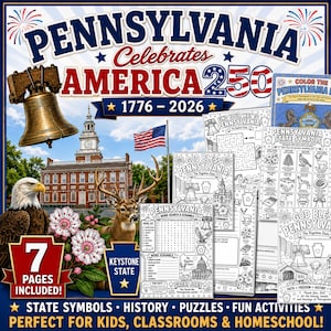 Op de afbeelding: Een activiteitenboek van 7 pagina's getiteld Pennsylvania Celebrates America 250 1776-2026 met kleurplaten, woordzoekers en puzzels. De omslag toont de Liberty Bell, een Amerikaanse zeearend, een hert en de Independence Hall.