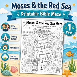May include: A printable black and white maze activity sheet titled Moses & the Red Sea Maze. The illustration features a path between two large waves, with Moses at the start and a group of people at the finish, surrounded by sea life.