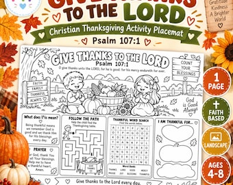 Christian Thanksgiving Activity Placemat for Kids | Psalm 107:1 Give Thanks to the Lord | Maze Word Search Gratitude Printable