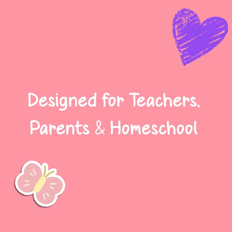 K&ouml;nnte beinhalten: Rosa Hintergrund mit wei&szlig;em Text: &bdquo;Designed for Teachers, Parents & Homeschool&ldquo;. Das Bild enth&auml;lt ein lila Herz und einen rosa Schmetterlingsaufkleber.