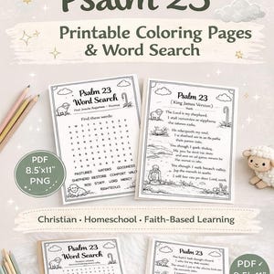 Pinterest pin promoting Psalm 23 printable coloring pages and word search for kids, including Christian homeschool activities, faith-based learning worksheets, and instant digital download pages in PDF and PNG format.