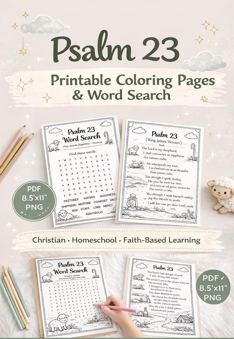Pinterest pin promoting Psalm 23 printable coloring pages and word search for kids, including Christian homeschool activities, faith-based learning worksheets, and instant digital download pages in PDF and PNG format.